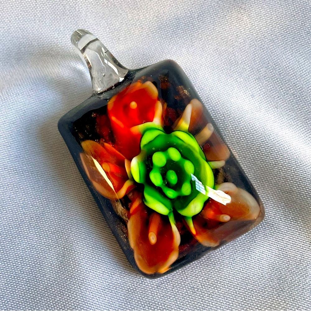 Handcrafted Lampwork Glass Pendant. Rectangle. Orange and Green Flower.